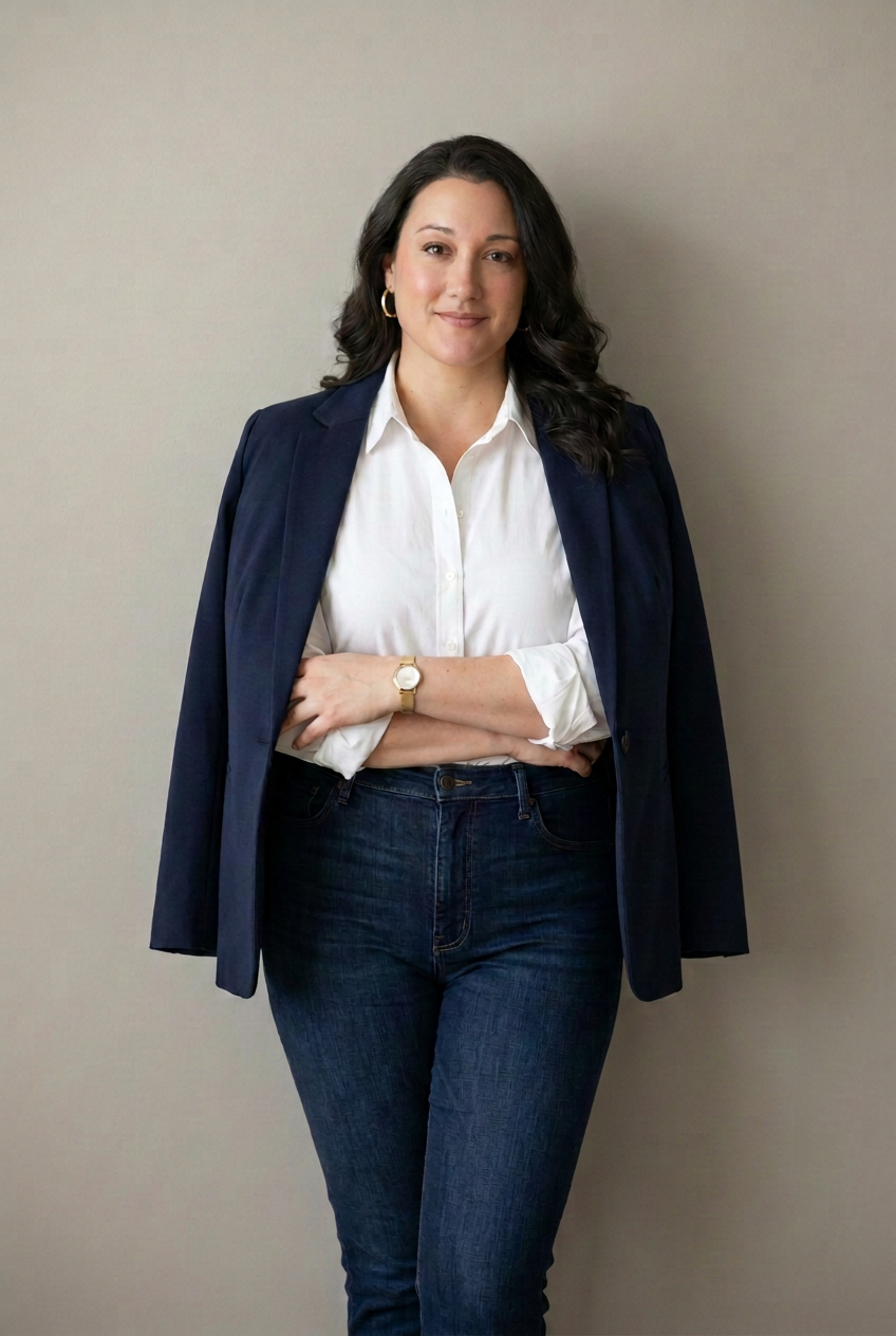 Marlena Brinkley, soprano — full-length portrait in navy blazer and denim