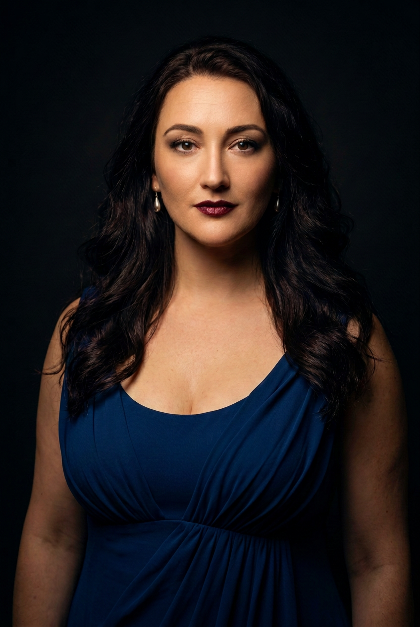 Soprano Marlena Brinkley in a midnight-blue empire gown