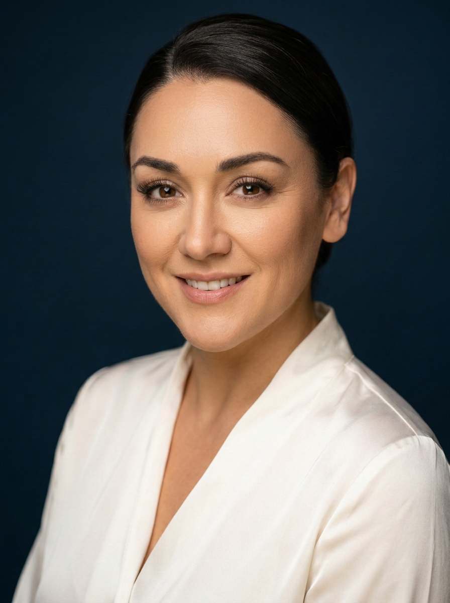 Soprano Marlena Brinkley in a white silk blouse, studio headshot